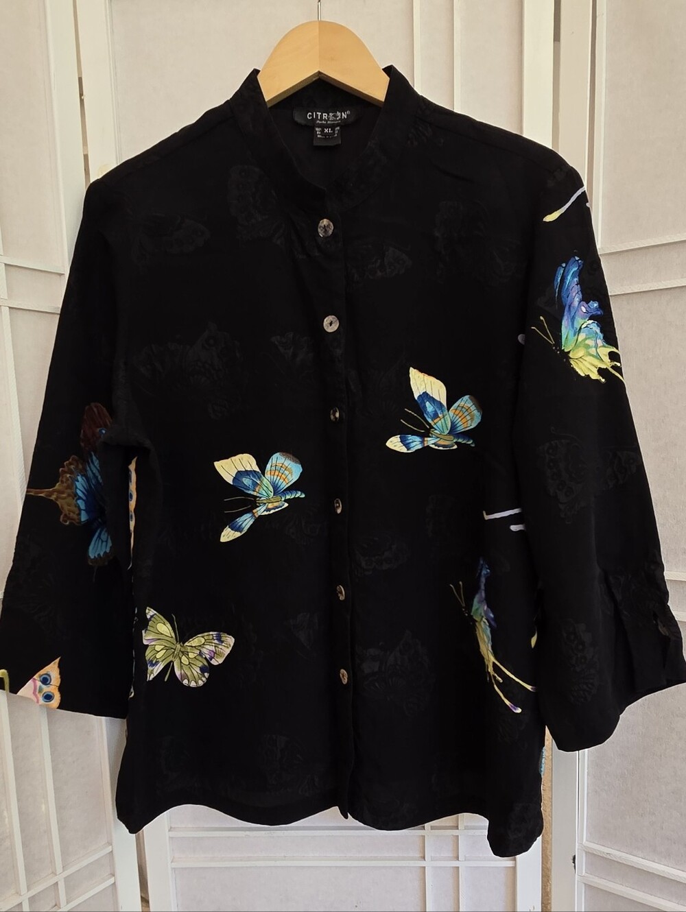 Citron Black Butterfly-Print Button-Up Silk Blouse